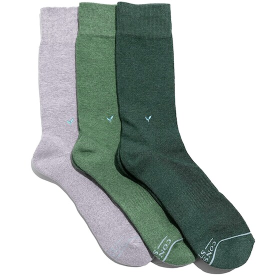 Three grey and green Conscious Step Organic Crew Socks as a part of the Gift Box Plant Trees Initiative