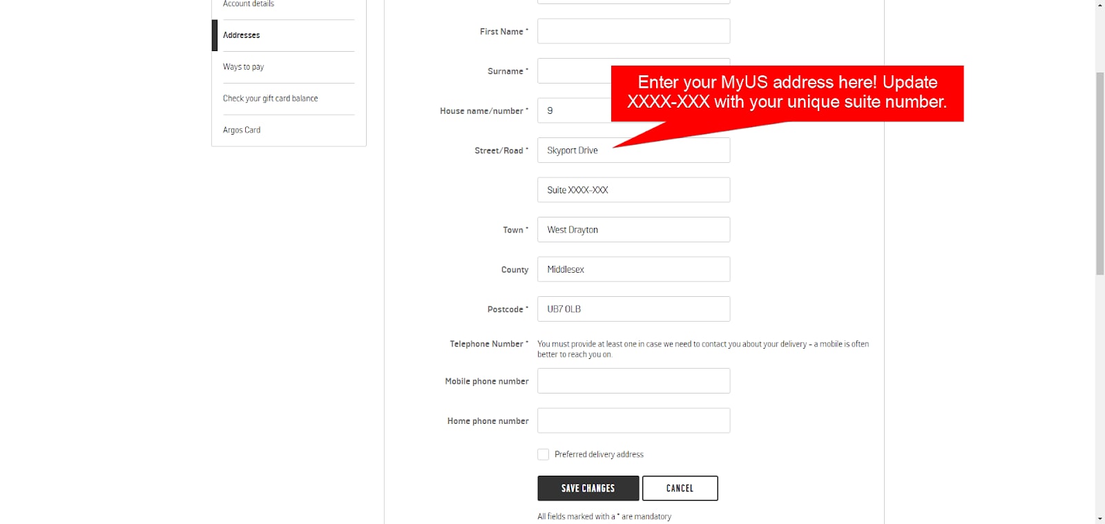 Add MyUS Address to Argos Member Checkout