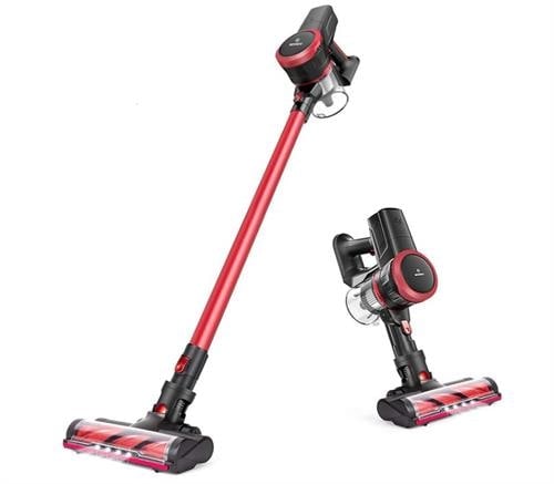 Red and black cordless stick vacuum shown with and without the stick attachment