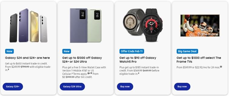 Screenshot of Samsung’s website showing their featured deals