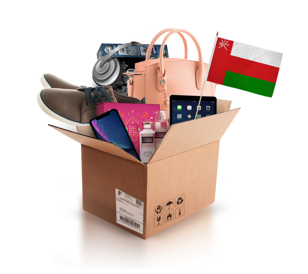 box with various products and the flag of oman