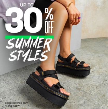 a graphic for a sale with a woman wearing black platform sandals