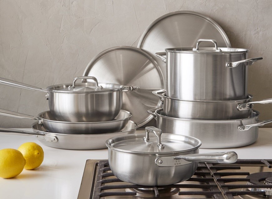 Misen’s stainless steel cookware set of 12 displayed in a kitchen