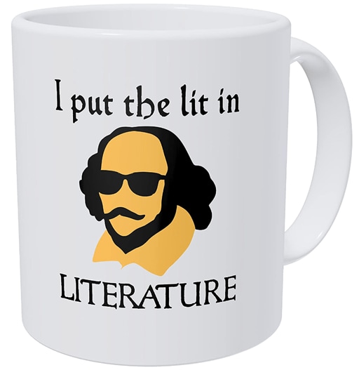 White ceramic mug with a Shakespeare silhouette that reads “I put the lit in literature”