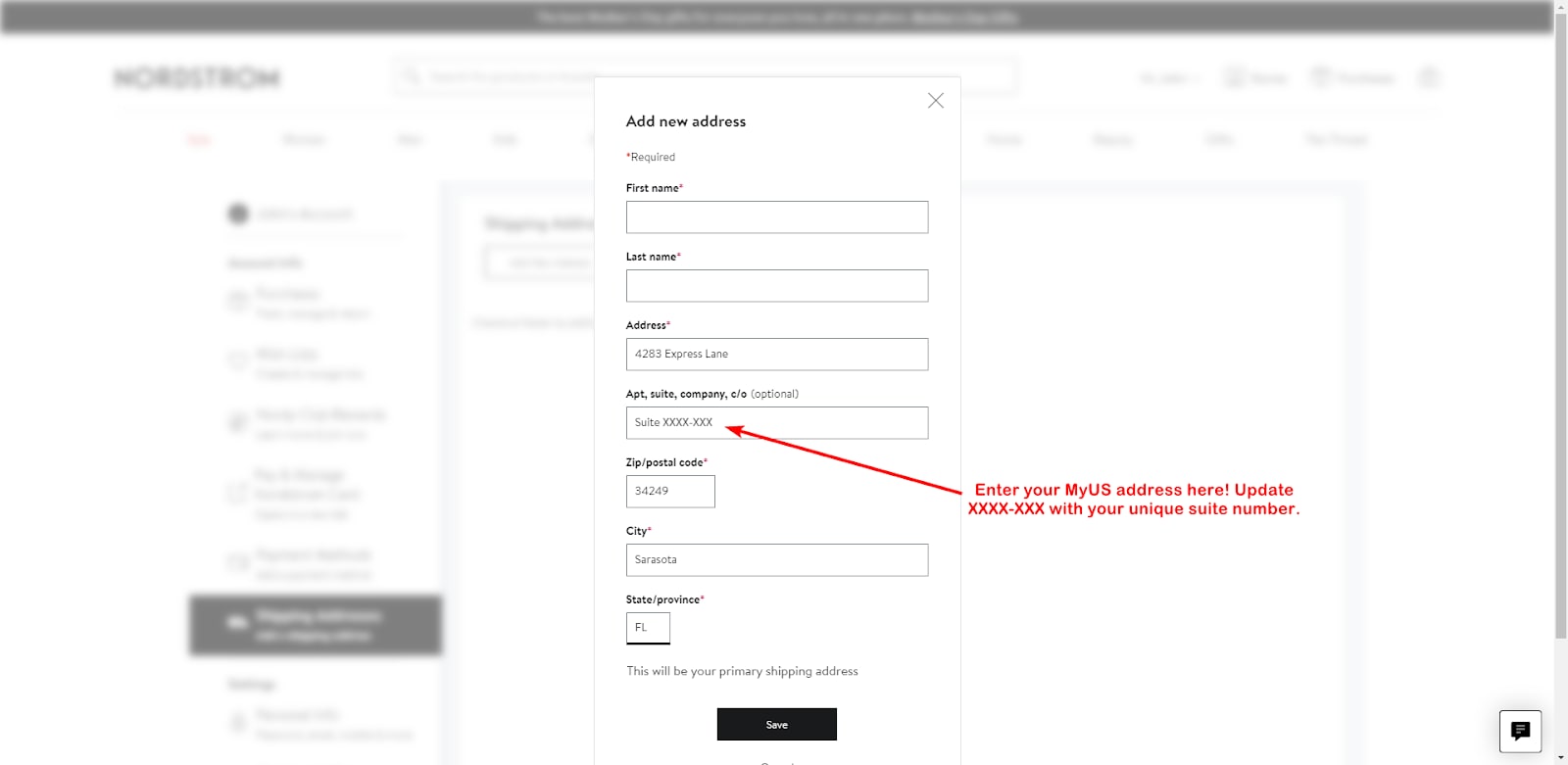 How to Save MyUS Address on Nordstrom Account