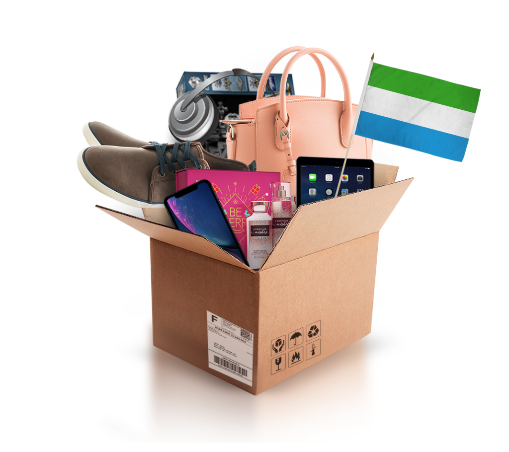 box with various products and the flag of sierra leone
