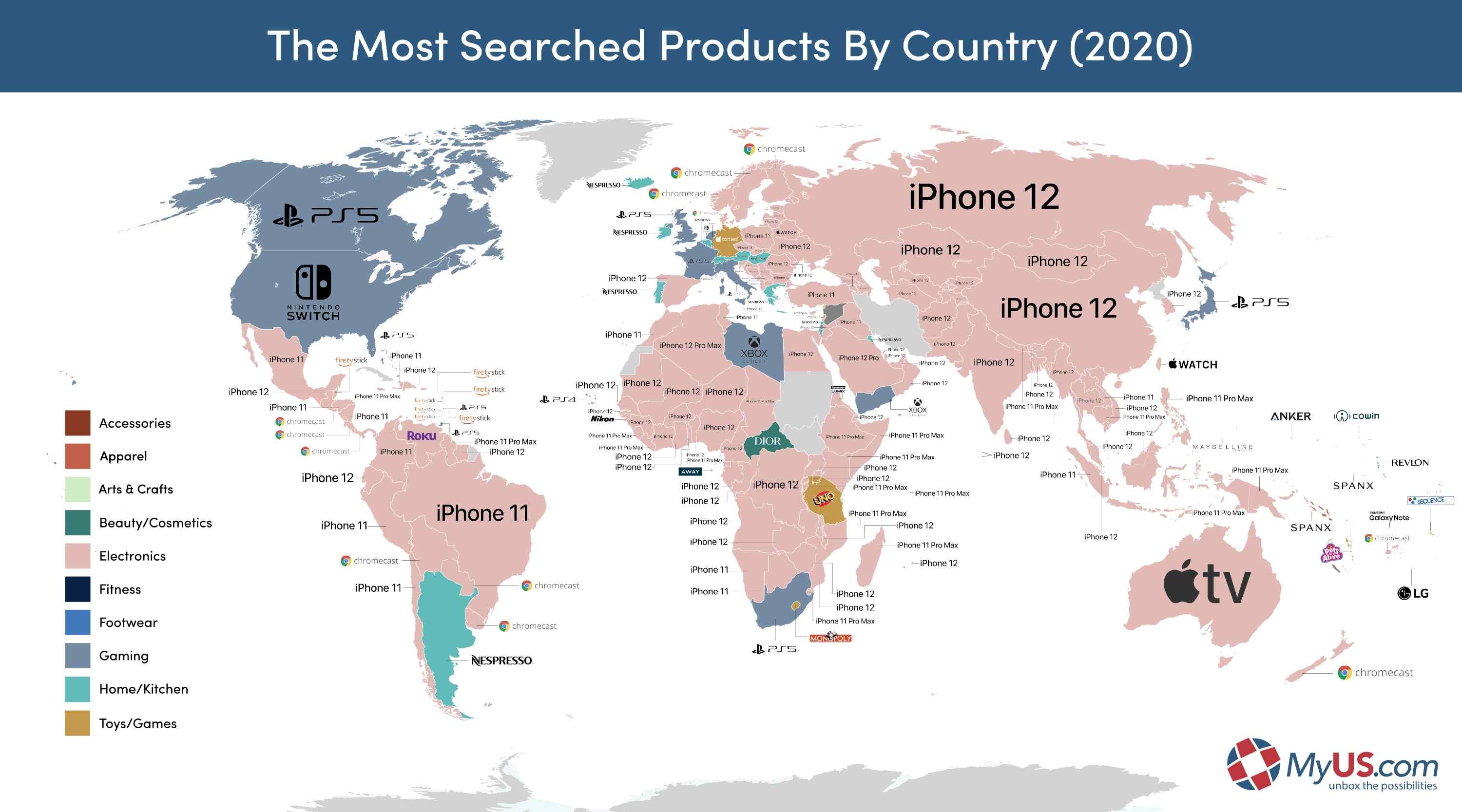 Graphic showing world map with names of products that were most searched in 2020 by each country