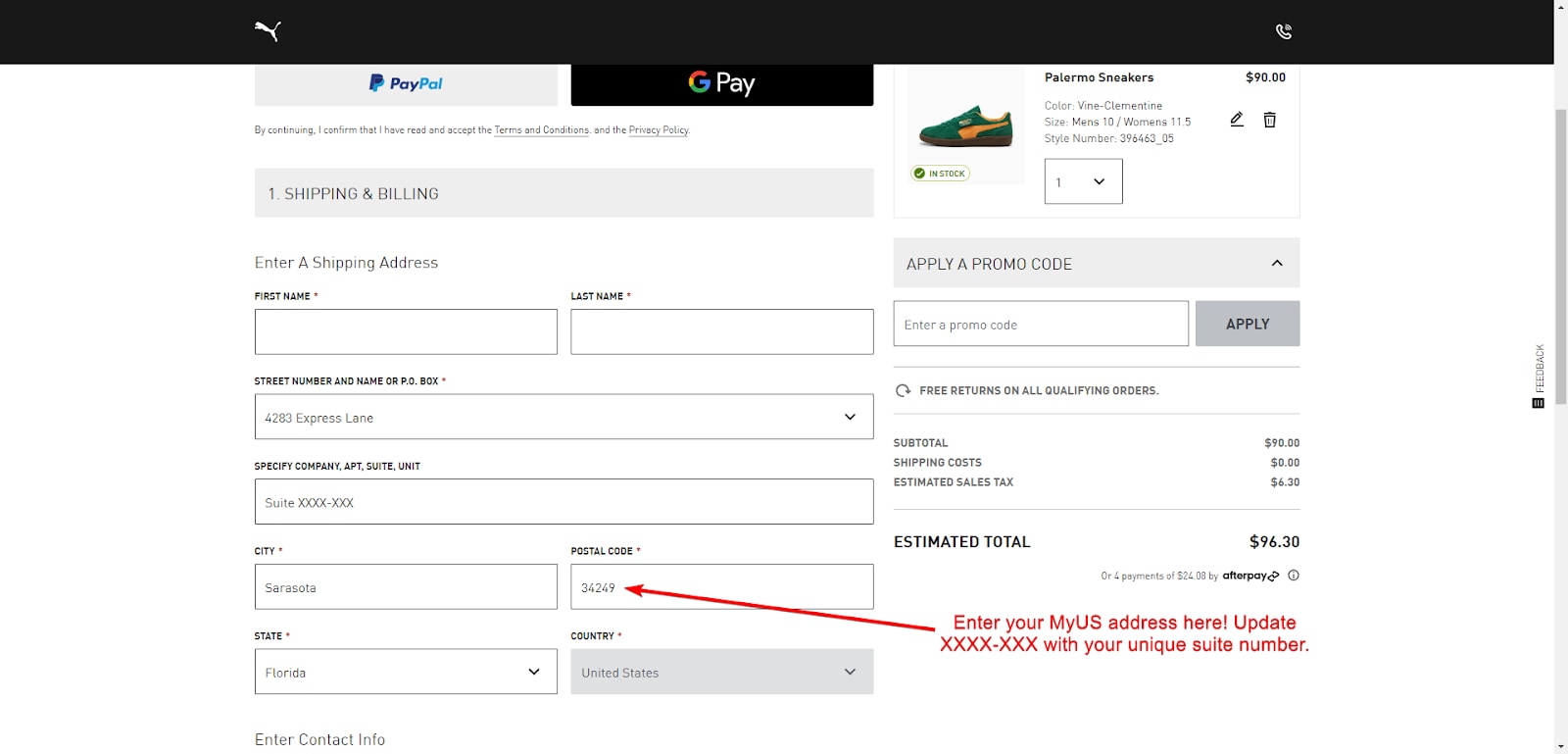 Add MyUS Address to Puma Guest Checkout