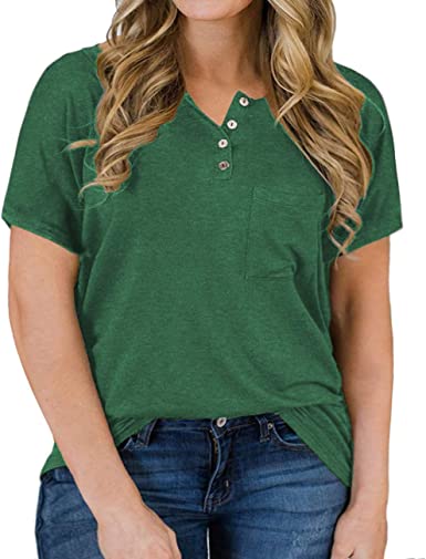 VISLILY Womens Plus-Size Tops Summer Henley Shirts Buttons up Blouses with Pocket