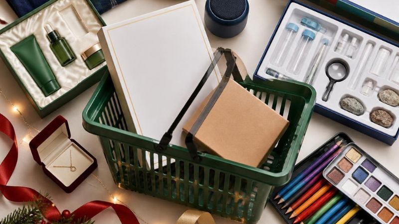 generic building blocks, a board game with blank packaging, a science kit, art supplies, cozy slippers, folded pajamas, a skincare gift set, a mini speaker, and a small jewelry box arranged around a shopping basket