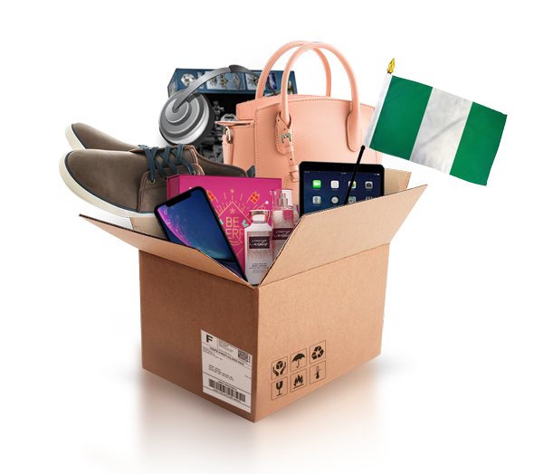 box with various products and the flag of nigeria