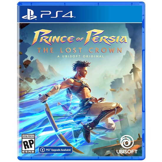 The cover of Ubisoft’s Prince of Persia: The Lost Crown for the PS4 with the main protagonist, Sargon, leaping between mountains and pillars