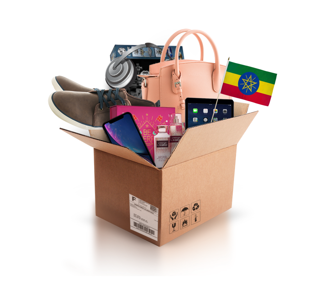 box with various products and the flag of ethiopia