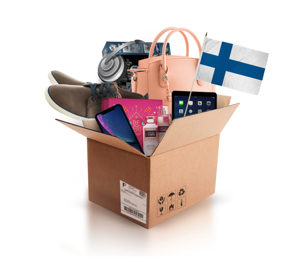 box with various products and the flag of finland