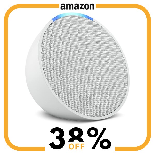 A white Amazon Echo Pop 