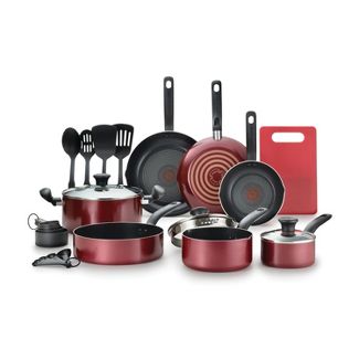 17 piece cookware set with saute pan, frypans, saucepans, dutch oven, measuring spoons, measuring cups, cutting board, slotted spoon, solid spatula, and slotted spatula
