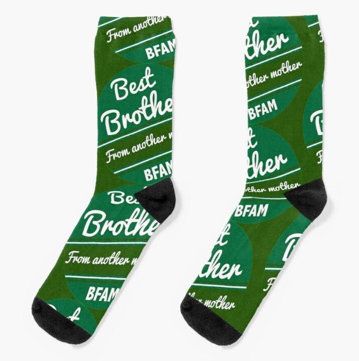green pair of long socks with the caption best brother from another mother