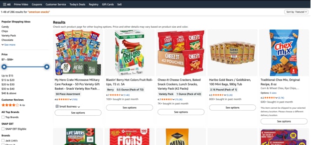 amazon.com American snacks shopping page