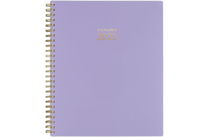 purple planner with gold plastic spiral spine for 2023-2024