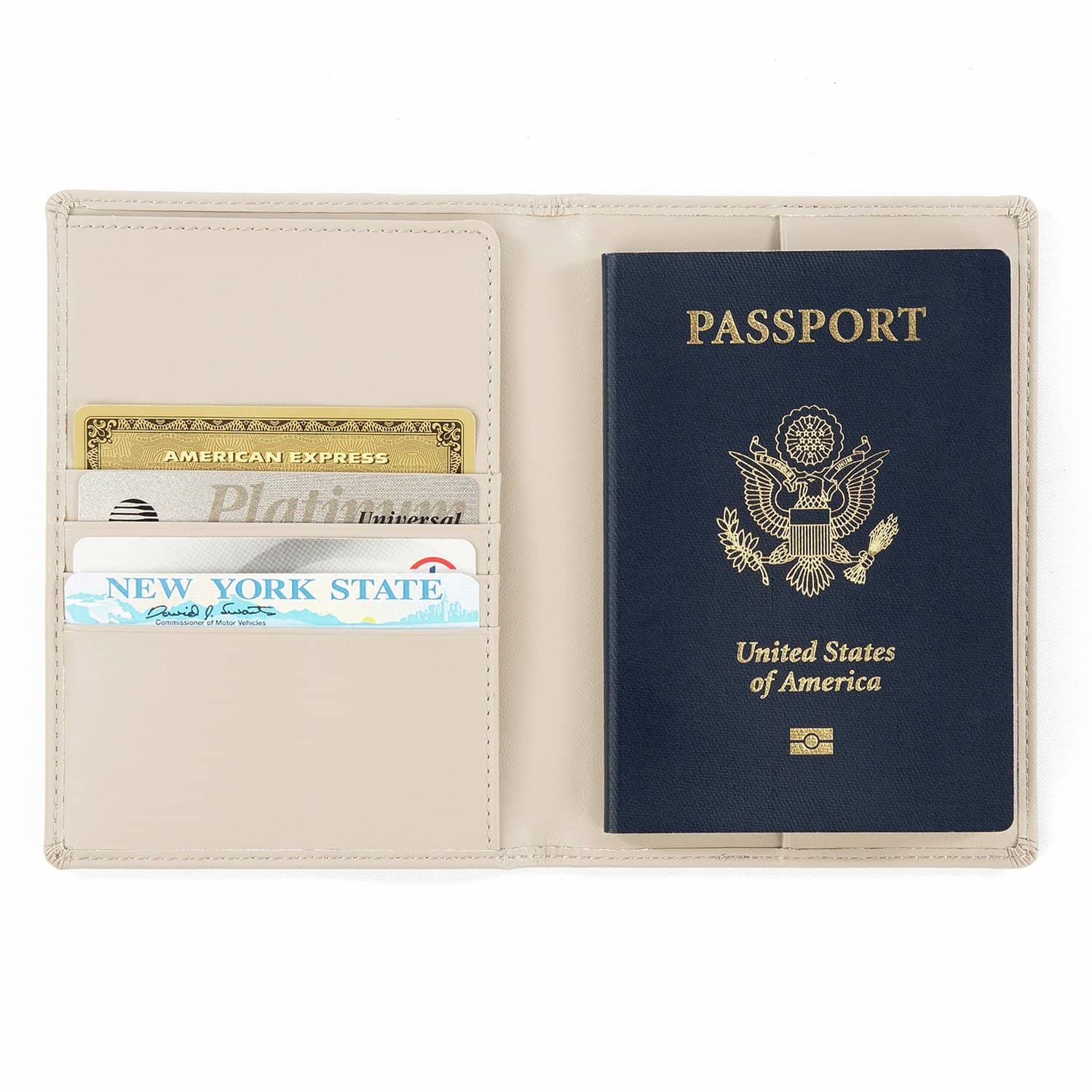 tan leather passport cover with passport and cards inside