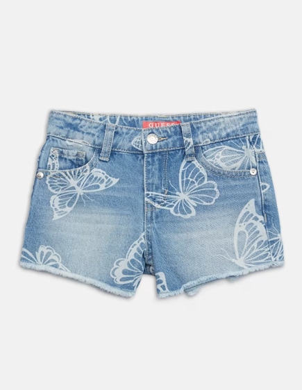 A pair of light wash denim shorts with white butterflies on them