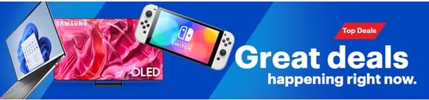 blue Best Buy banner promoting deals with electronics on it