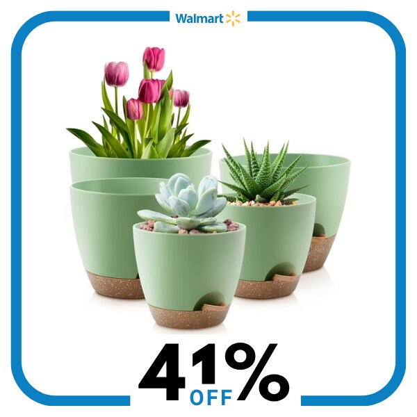 Five green plant pots