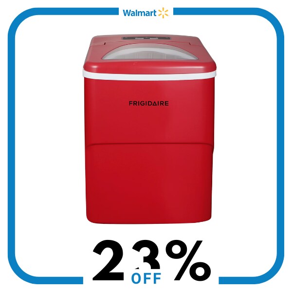 A red countertop ice maker