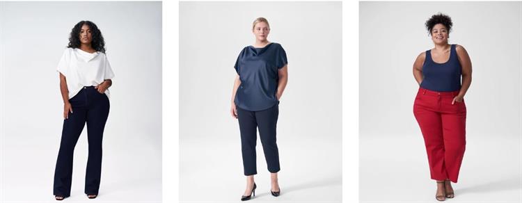 Three women fashion from Universal Standard, including black slacks, blue crops, red crops and tops in white and blue