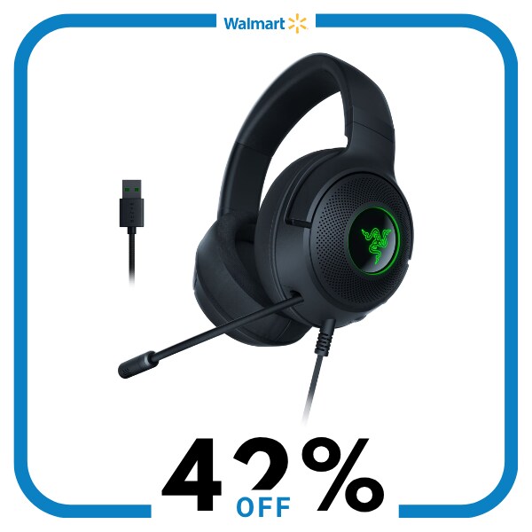 A black and green gaming headset