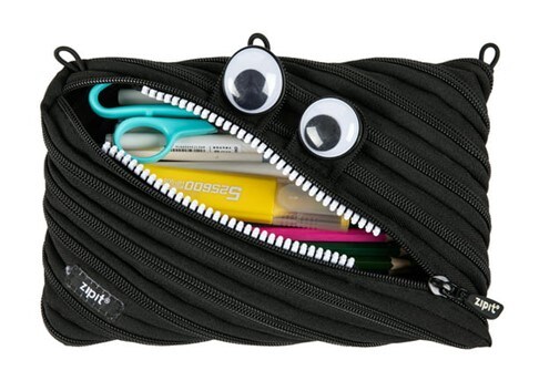Black Zipit pencil pouch with googly eyes and a long diagonal zipper, filled with colorful school supplies