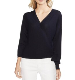 Vince Camuto Womens Ribbed Knit Mixed Media Wrap Top