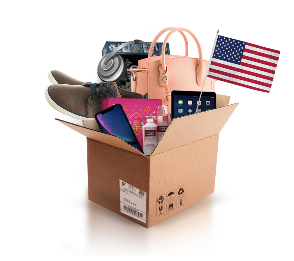 box with various products and the flag of usa