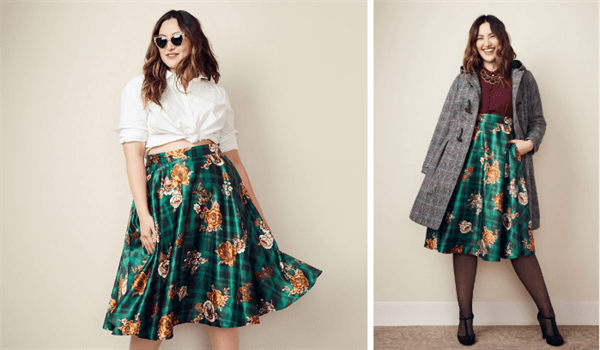 Brown haired female repeated wearing green midi skirt with different tops