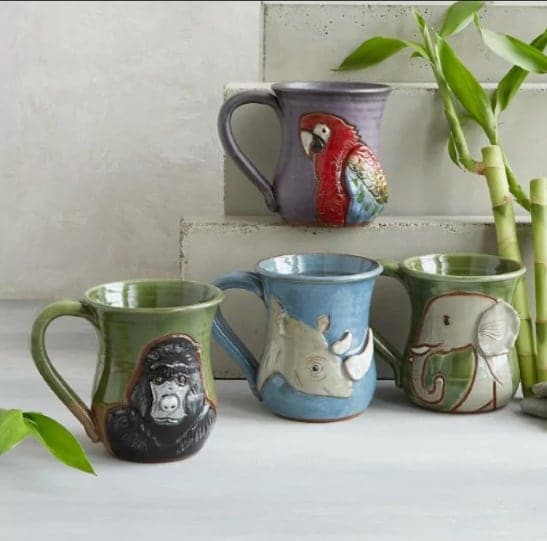 Parrot, Elephant, Gorilla, and Rhino 3D detailed Protect the Animals mugs