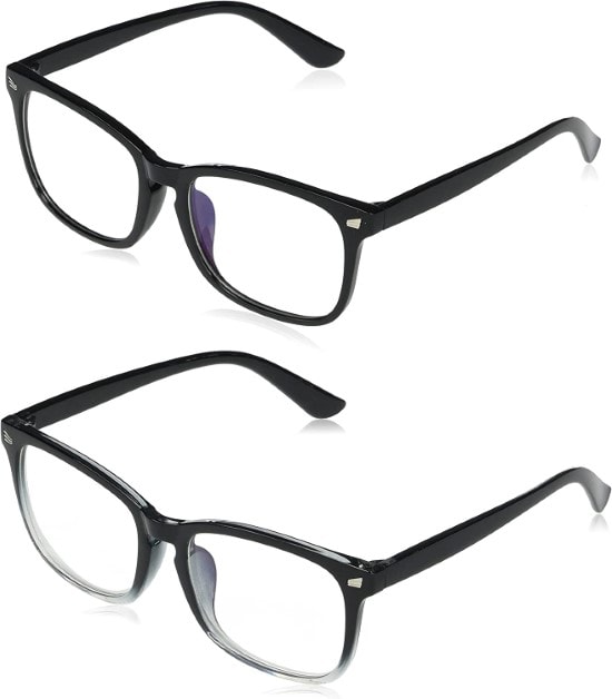  Unisex blue light and UV400 blocking non-prescription glasses in a black frame and black transparent frame