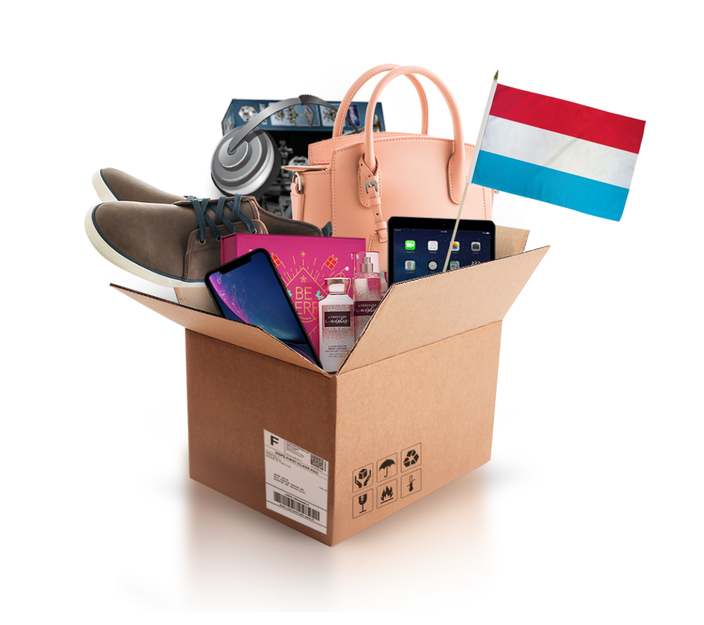 box with various products and the flag of luxembourg