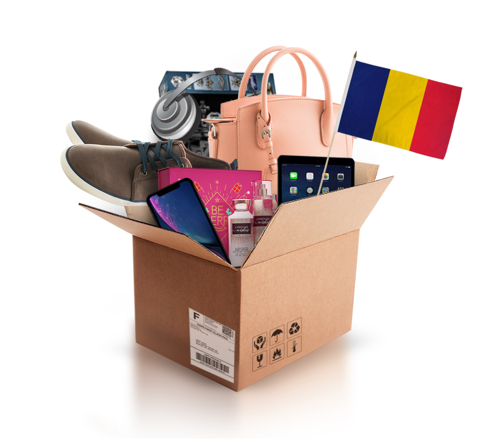 box with various products and the flag of romania