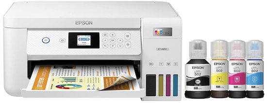 A white Epson EcoTank ET-2850 Wireless Color All-in-One Cartridge-Free Supertank Printer with four bottles of black, yellow, magenta, and blue ink