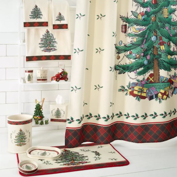 christmas themed bathroom set that includes shower curtains, towels, matt, and sink accessories