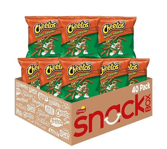  A FritoLay box with the writing “Snack box” on it and 8 bags of Cheddar Jalapeno Cheetos on top 