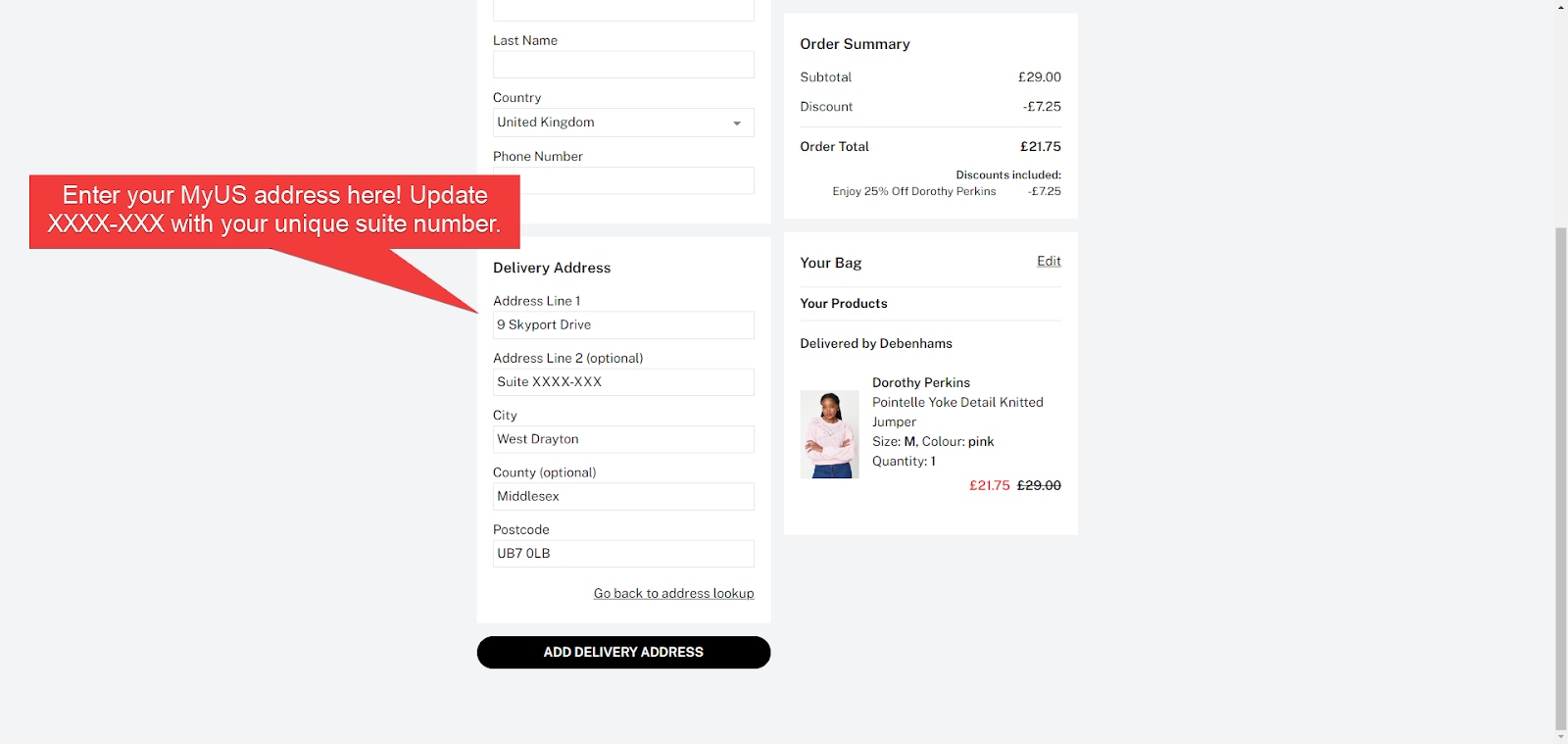 Add MyUS Address to Dorothy Perkins Guest Checkout