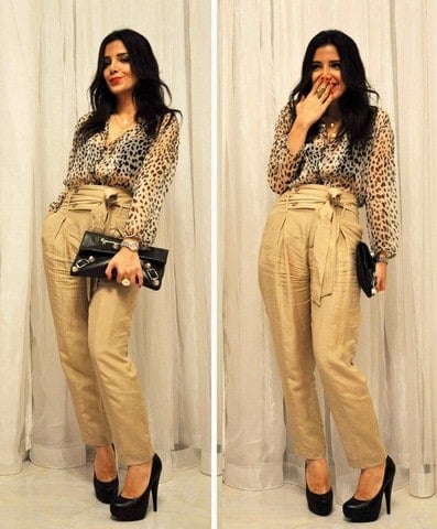 Zahra Lyla Pedram wearing cheetah print blouse and high waisted cream pants