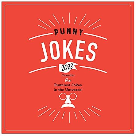 2023 red wall calendar that reads punny jokes, includes the punniest jokes in the universe