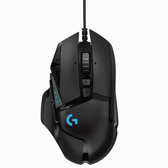 A black Logitech G502 HERO Wired Gaming Mouse with blue lights and symbols in the top and middle.