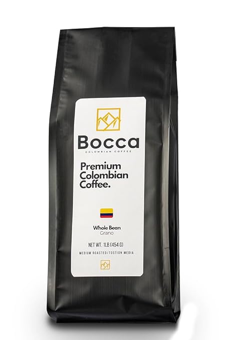 black bag of bocca premium colombian coffee beans