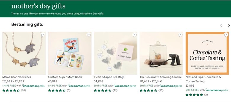 A screenshot of Uncommon Goods’ website displaying a selection of Mother’s Day gifts including a mama bear necklace, a custom Super Mom book, heart-shaped tea bags, a smoking cloche, and a Chocolate and Coffee tasting gift box