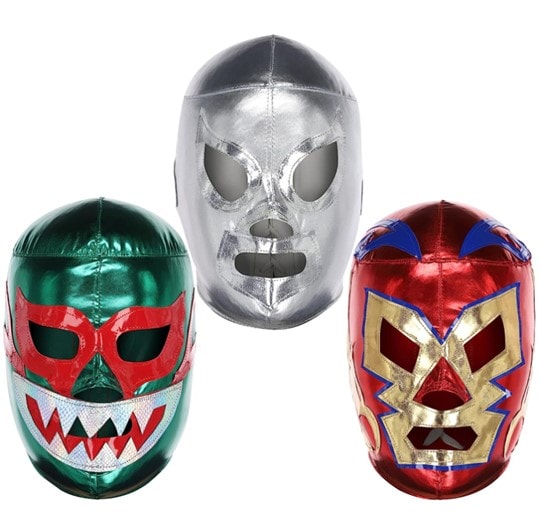 A set of 3 Lucha Libre masks in green, silver, and red respectfully, made to resemble the Mexican flag.