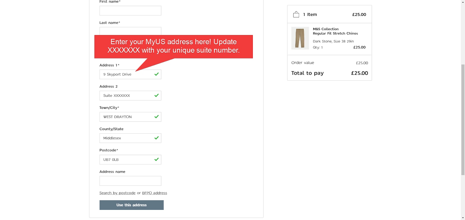 Add MyUS Address to Marks & Spencer Guest Checkout