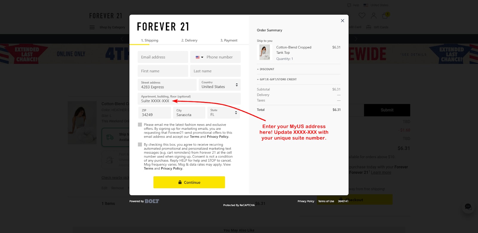 Add MyUS Address to Forever 21 Guest Checkout
